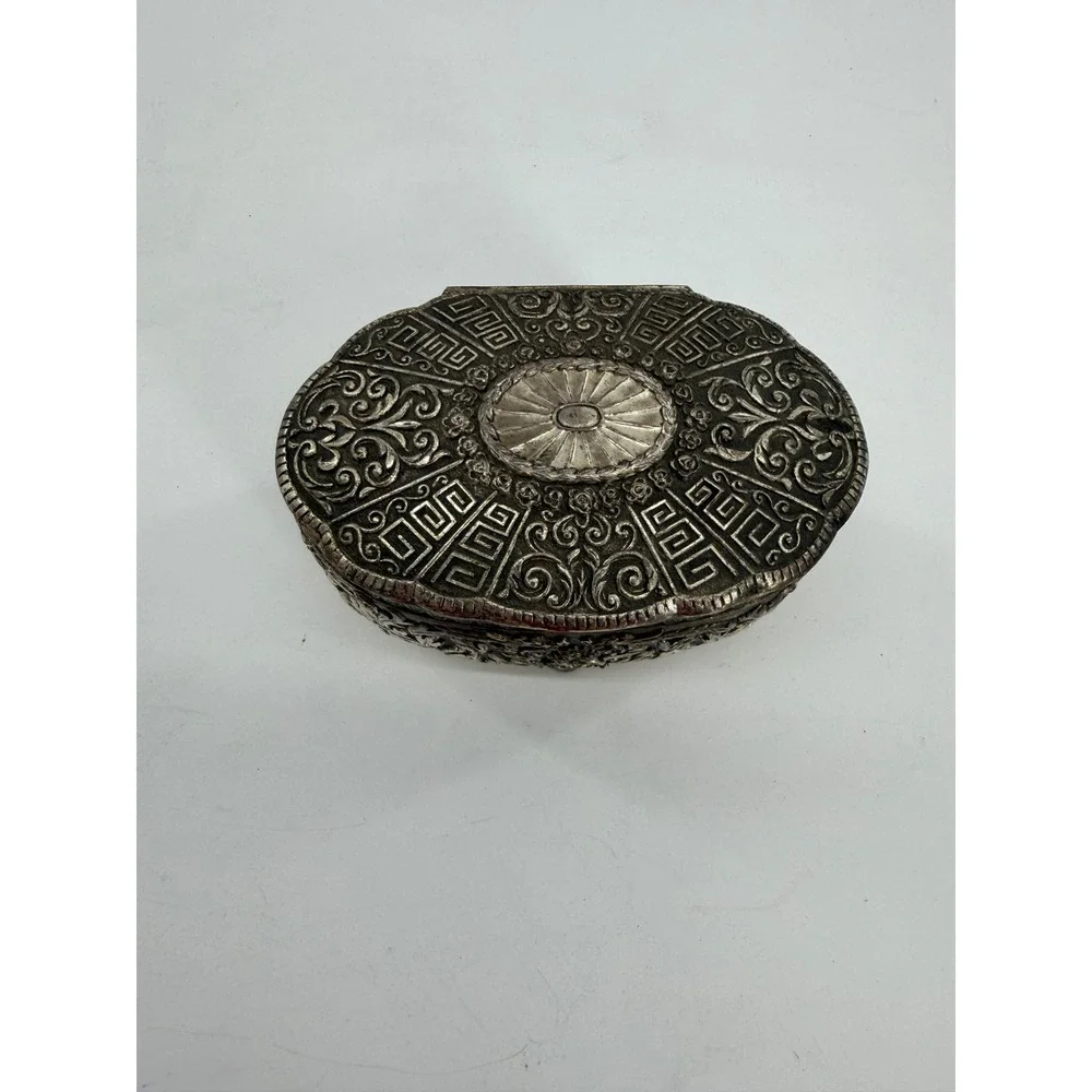 Jewelry Trinket Box Silver Plate Ornate Footed Floral Greek Key Vintage